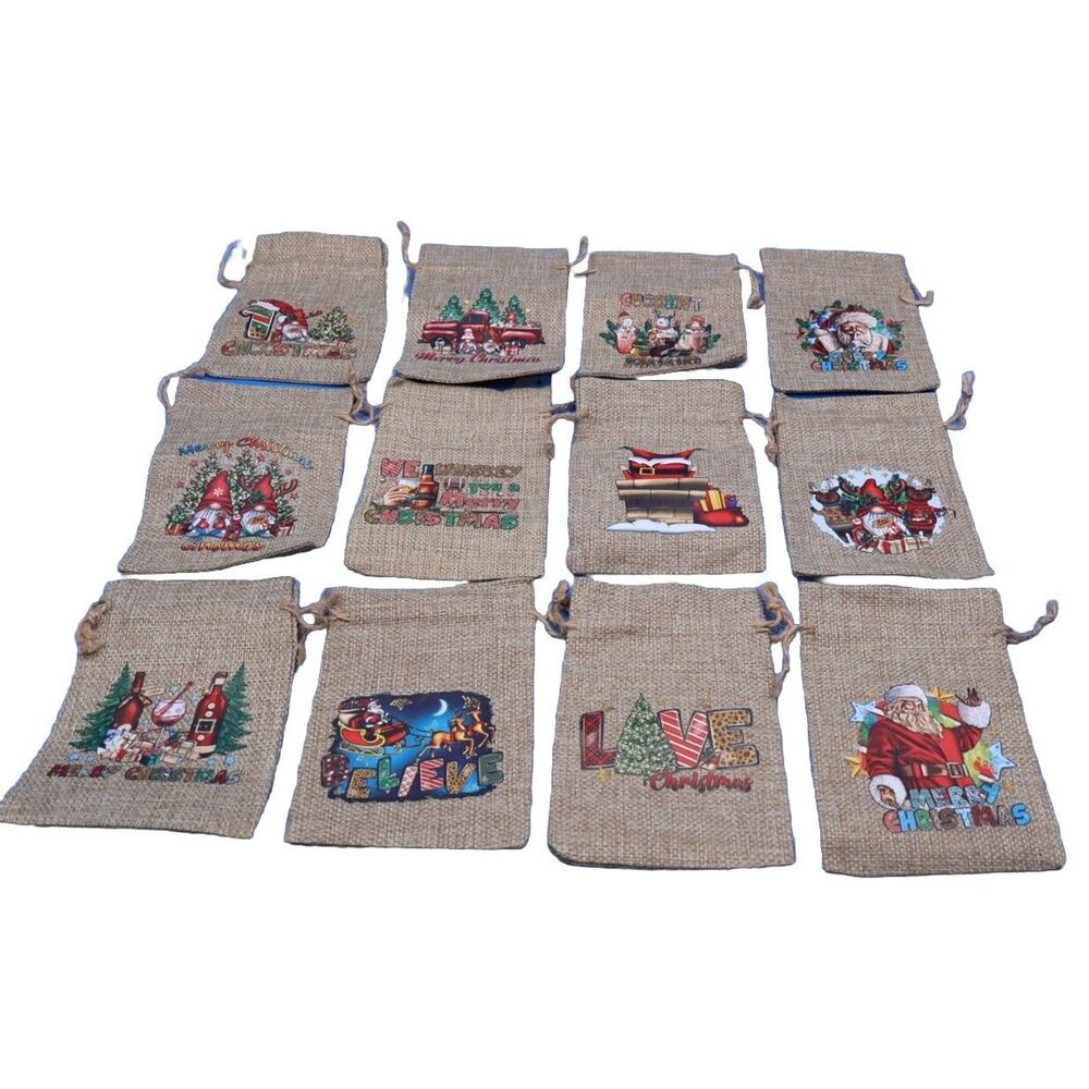 12 Christmas Drawstring Bags 6”x4” Mini Candy Burlap Bags. New